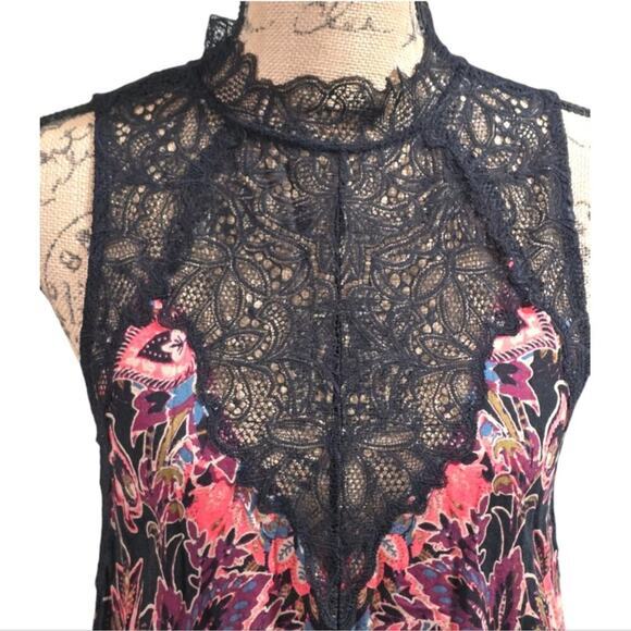 Free People Intimately Marsha Black Print Lace Slip Trapeze Dress XS High‎ Neck - Picture 6 of 9